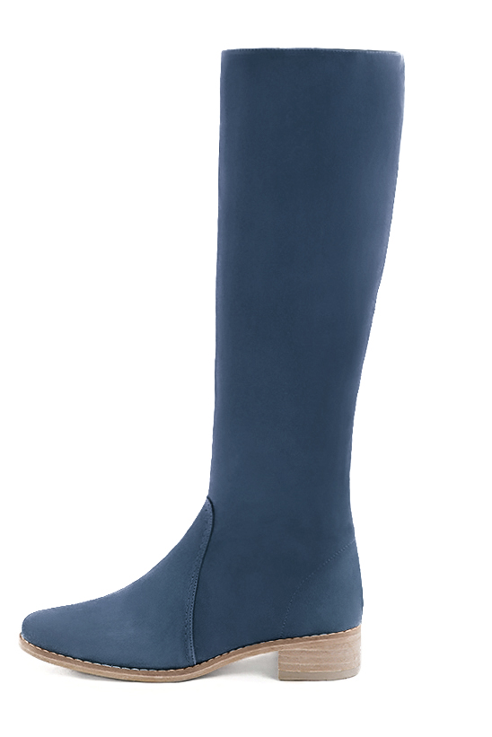 Denim blue women's riding knee-high boots. Round toe. Low leather soles. Made to measure. Profile view - Florence KOOIJMAN